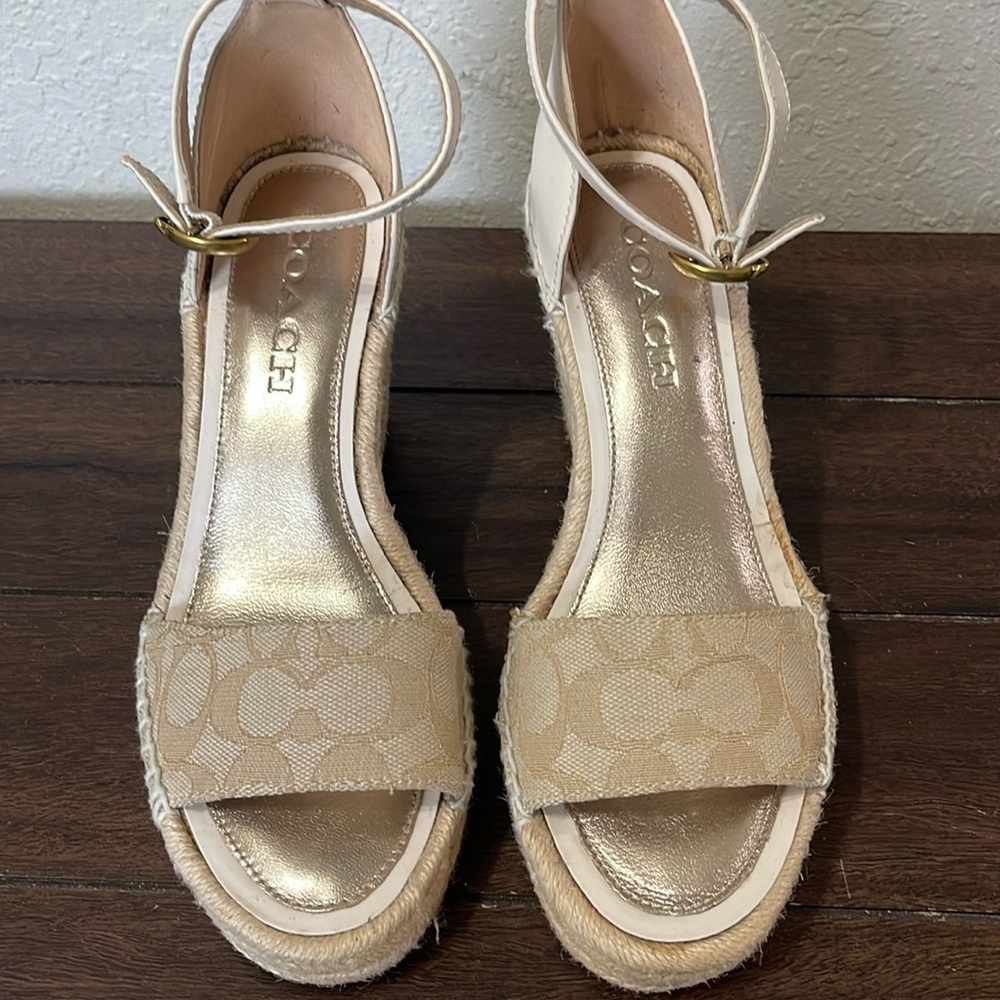 Coach espadrille platform heels light beige with Coach logo